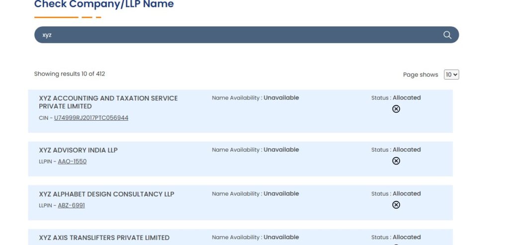 MCA name search results list.