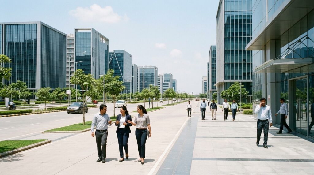 Modern office towers and wide avenues in a new financial district in Gujarat