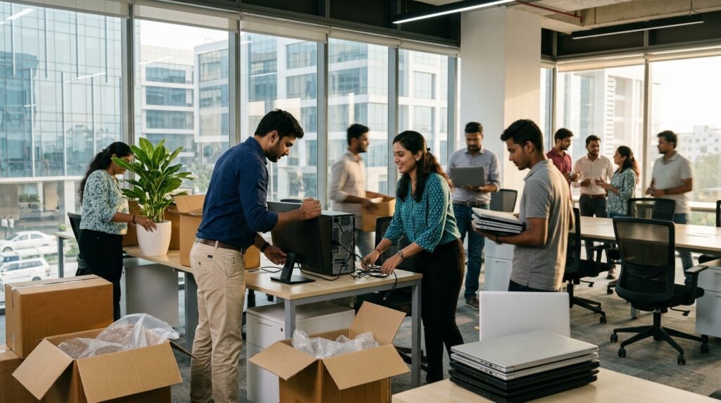 A young team setting up desks and laptops in a brand new office in Hyderabad