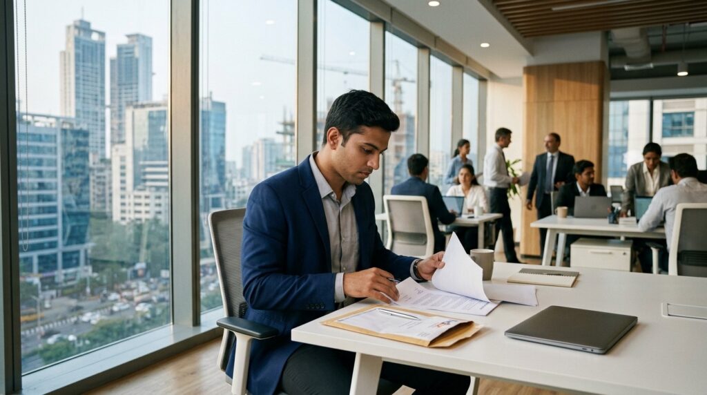 A corporate services professional checking signed documents beside a courier pack in a Mumbai office