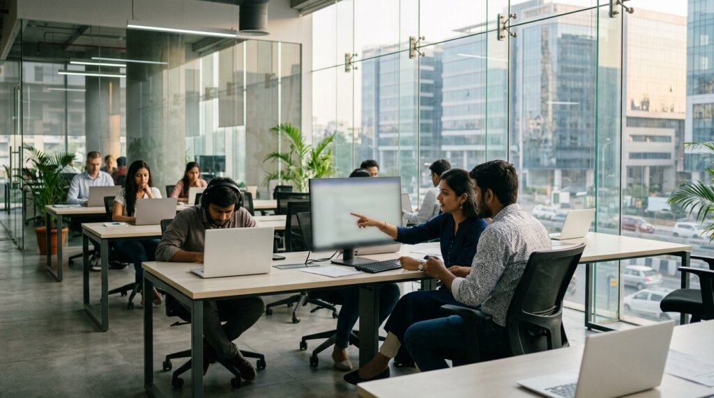 Young software engineers working together in a bright open plan office in Bengaluru