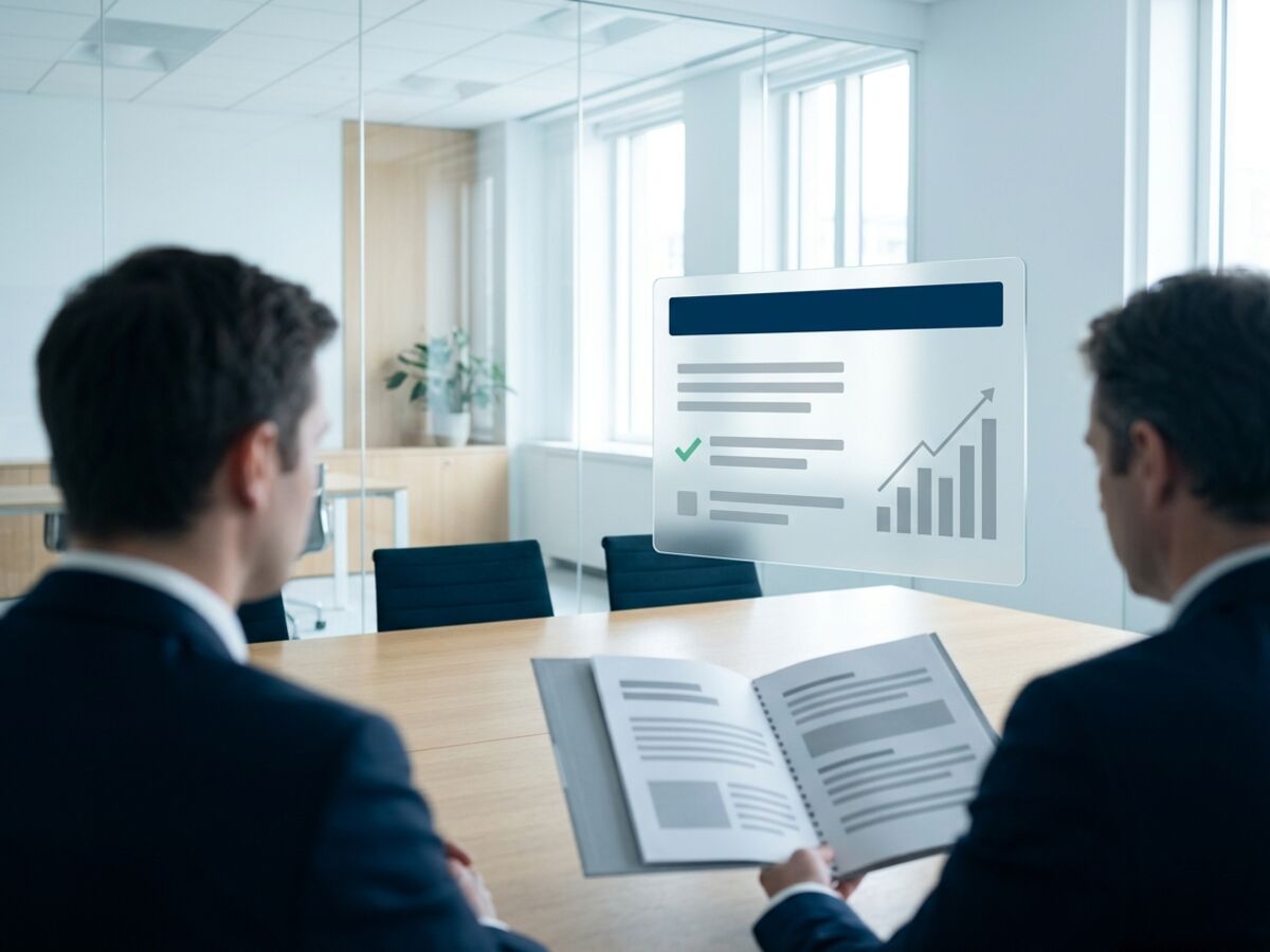 Advisers reviewing an investment memorandum in a glass walled boardroom