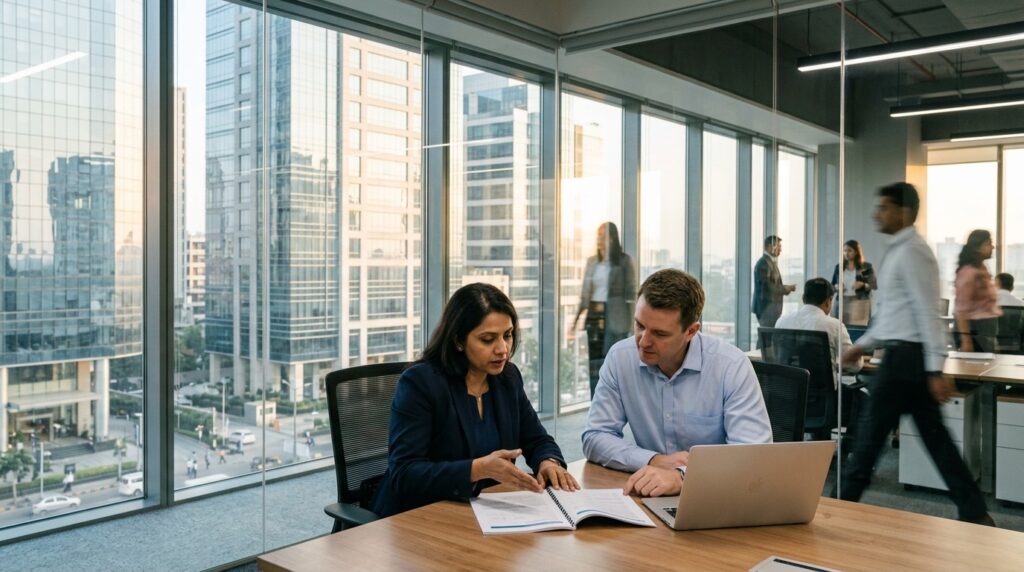 An Indian finance director and a European colleague going through a report in a high rise meeting room