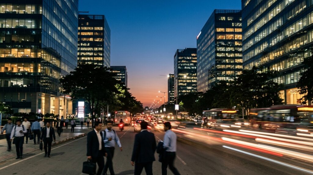 Long exposure of traffic light trails on a boulevard below office towers at dusk in India