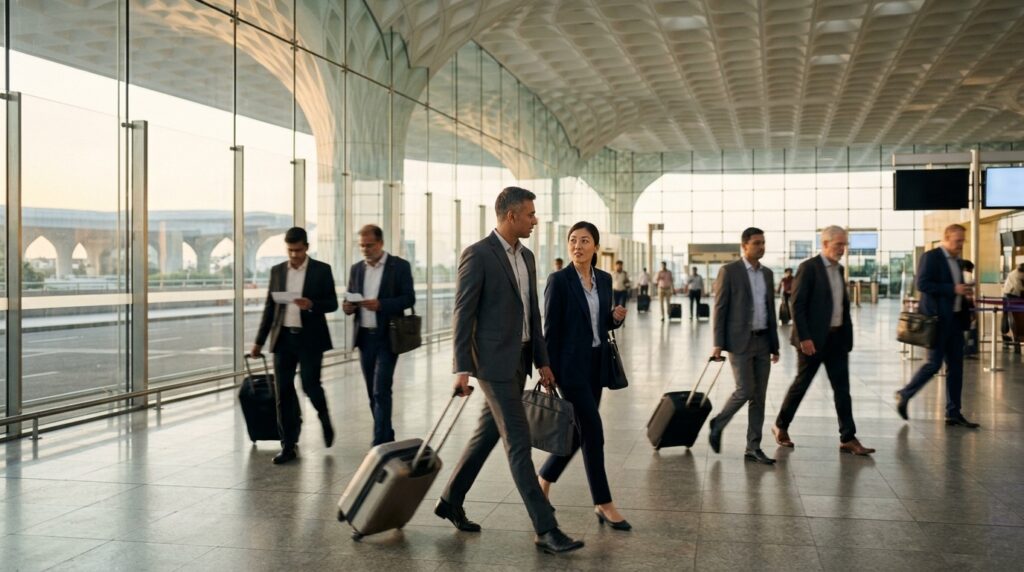 Business travellers walking through the bright arrivals hall of a modern airport terminal in India