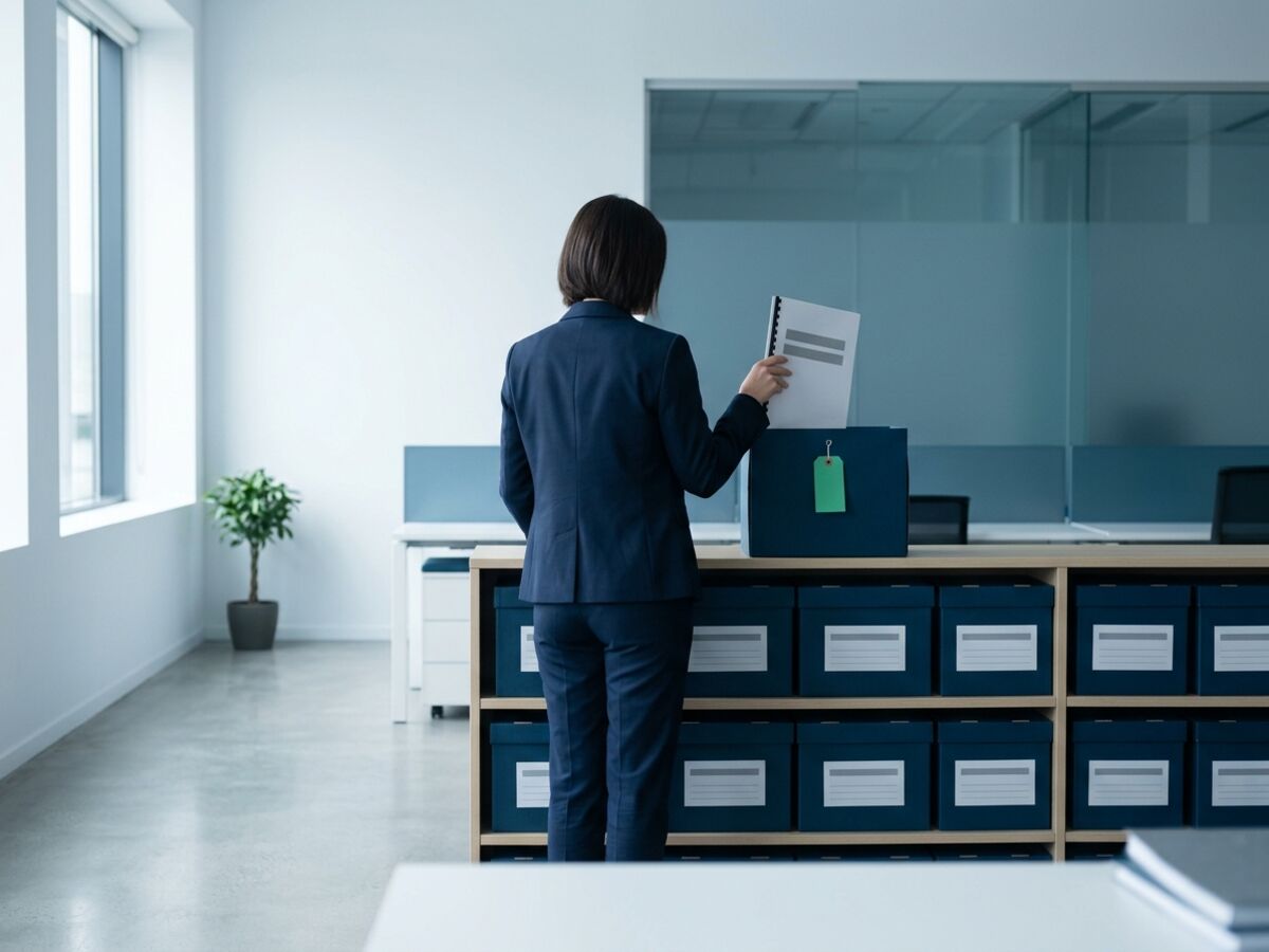 A professional filing the final records of a closed LLP into archive boxes
