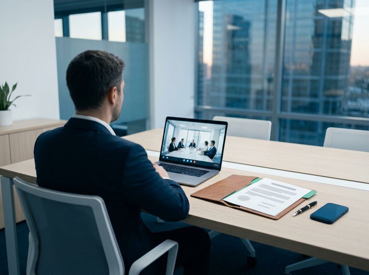 A founder at a desk at dusk on a video call, incorporation papers open beside the laptop