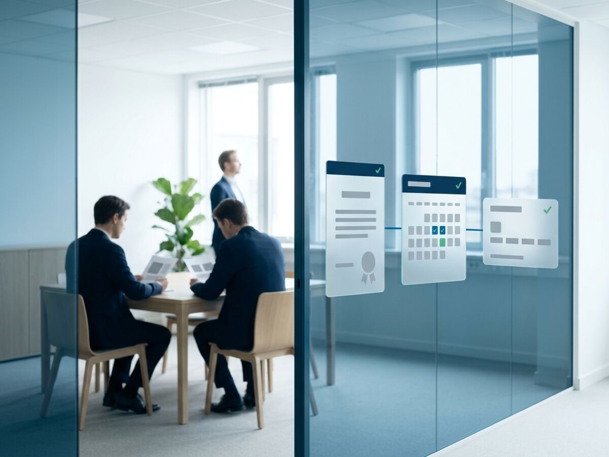 Three professionals in a glass meeting room with floating cards for a certificate, a calendar and a bank card