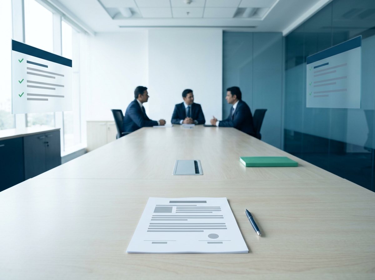 A boardroom with a printed policy at the head of the table before approval