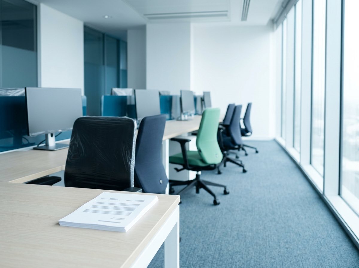 A new office floor ready for a team, with one sheet on the nearest desk