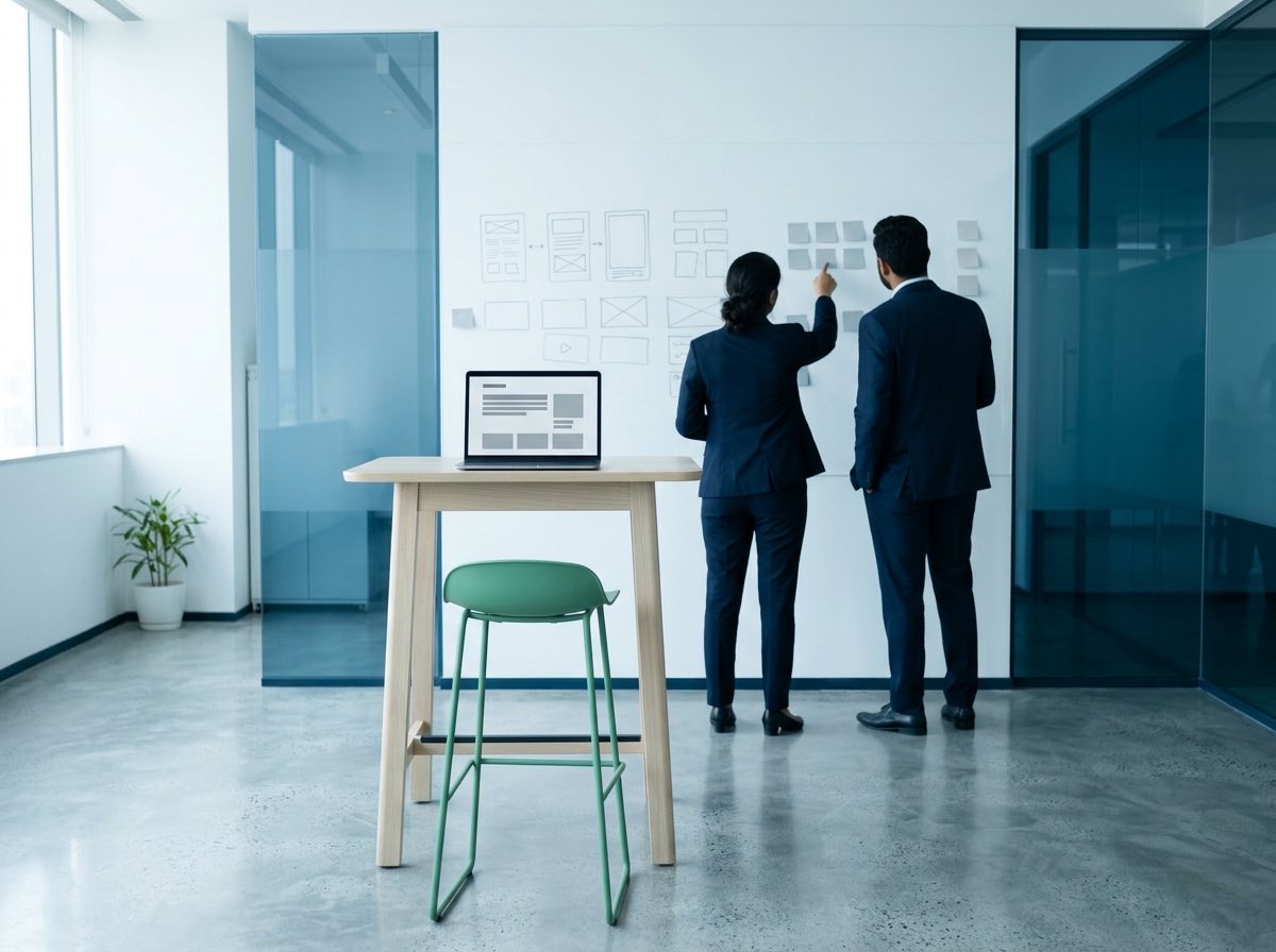 A product team at a whiteboard wall in a modern office