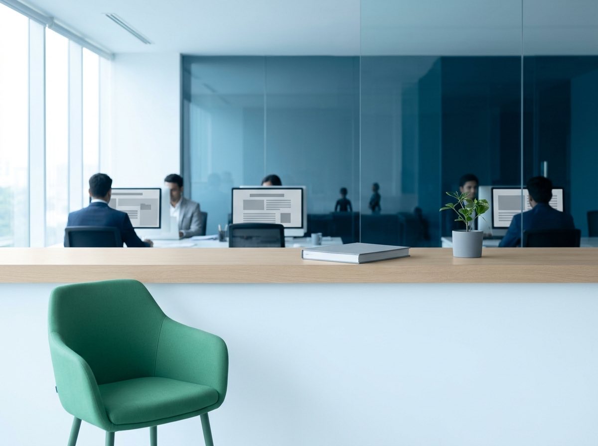 An office reception with glass doors to the work floor beyond