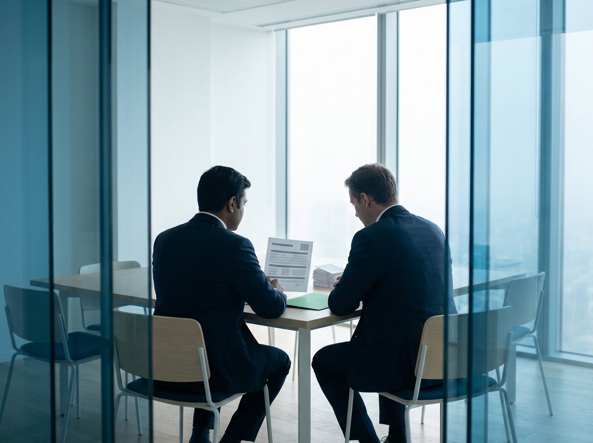 Two professionals reviewing an incentive application in a tower meeting room