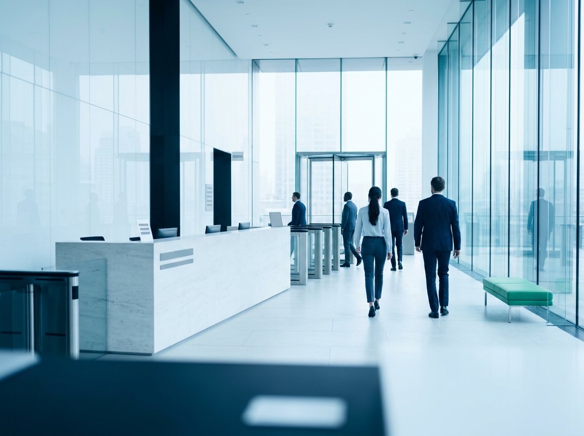 A bright office tower lobby with glass turnstiles
