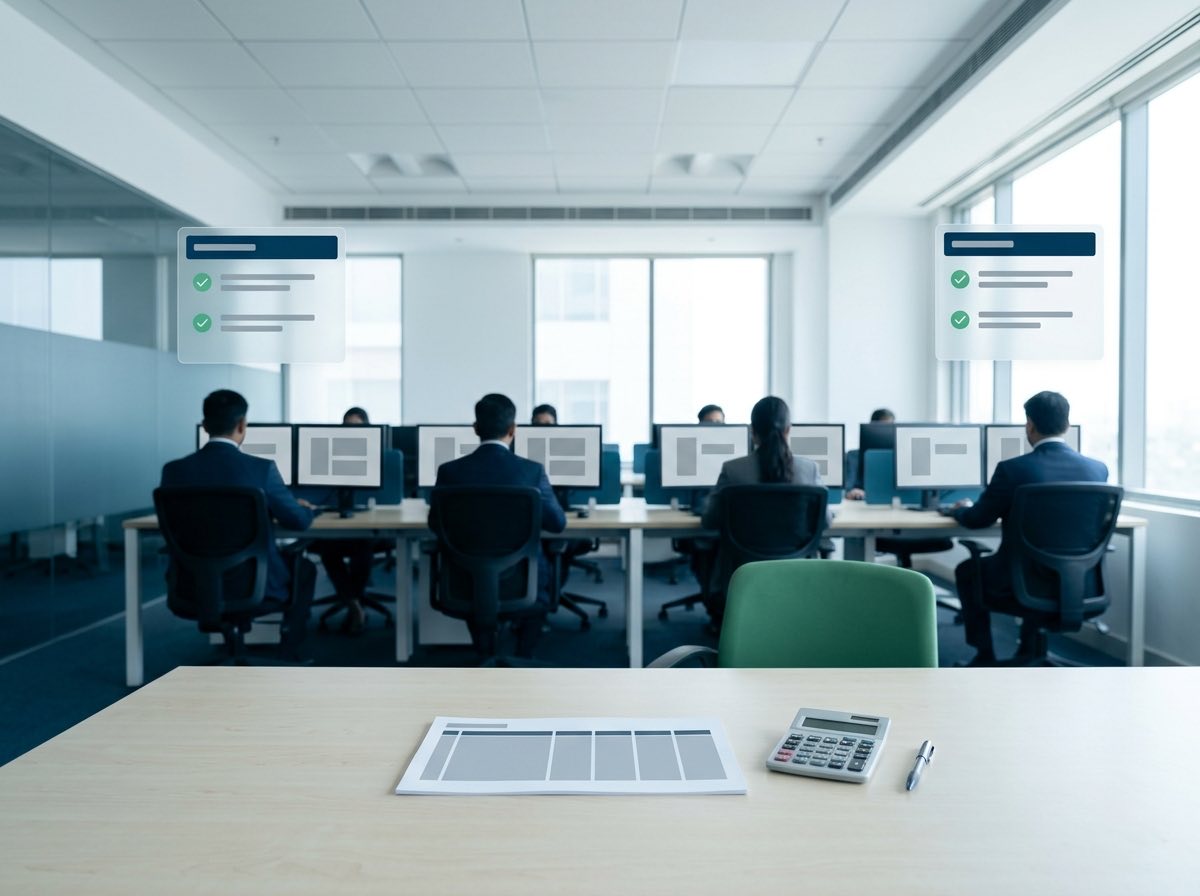 A finance operations floor with a printed register on the desk in front