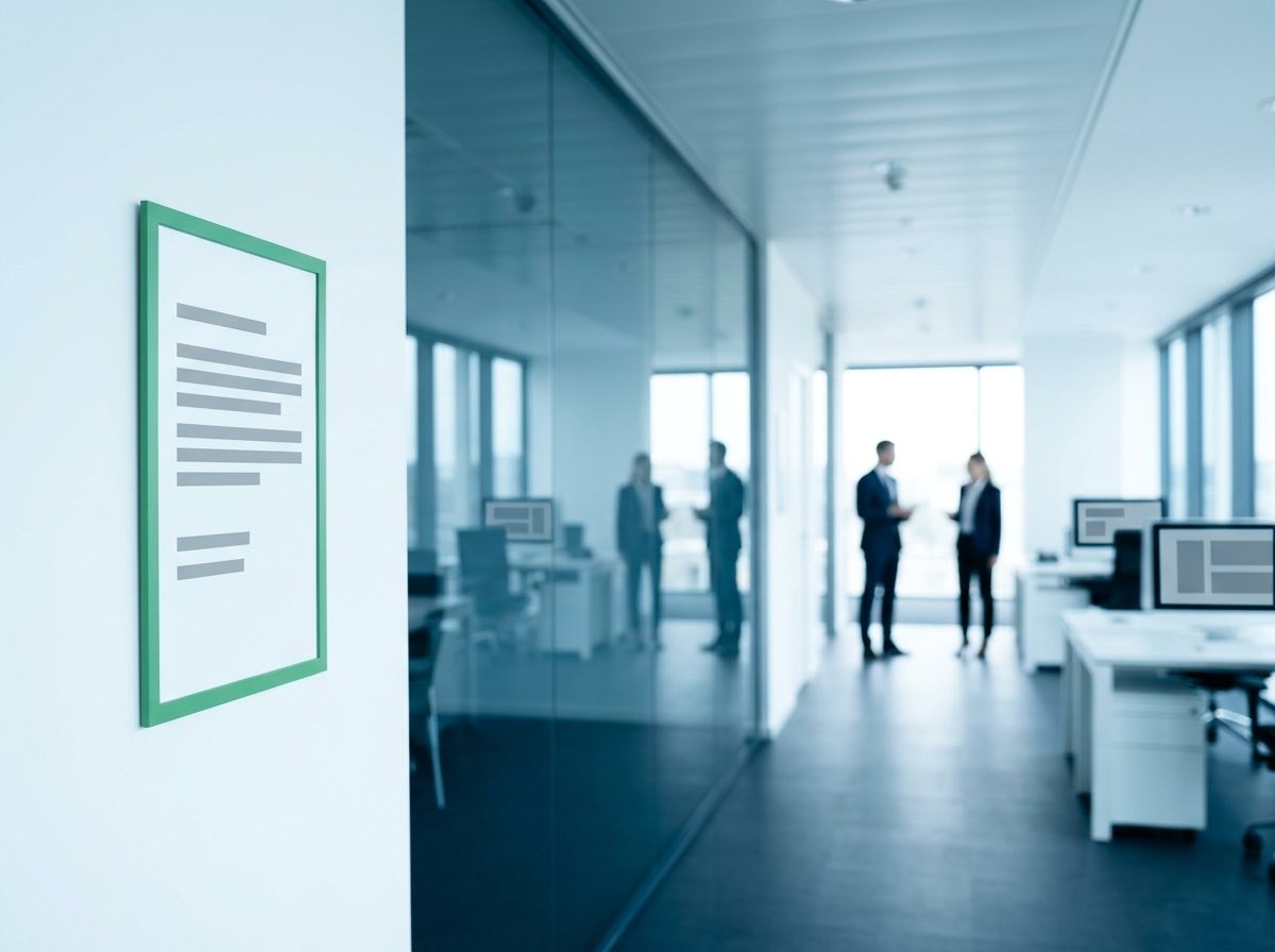 An office corridor beside a glass wall onto the work floor