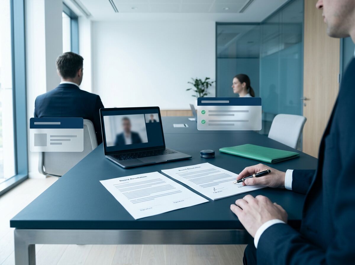 A board resolution being countersigned at a boardroom table beside a video call