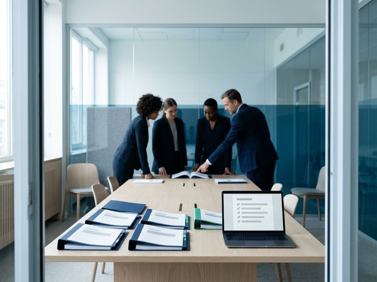 Professionals around approval binders in a glass walled project room