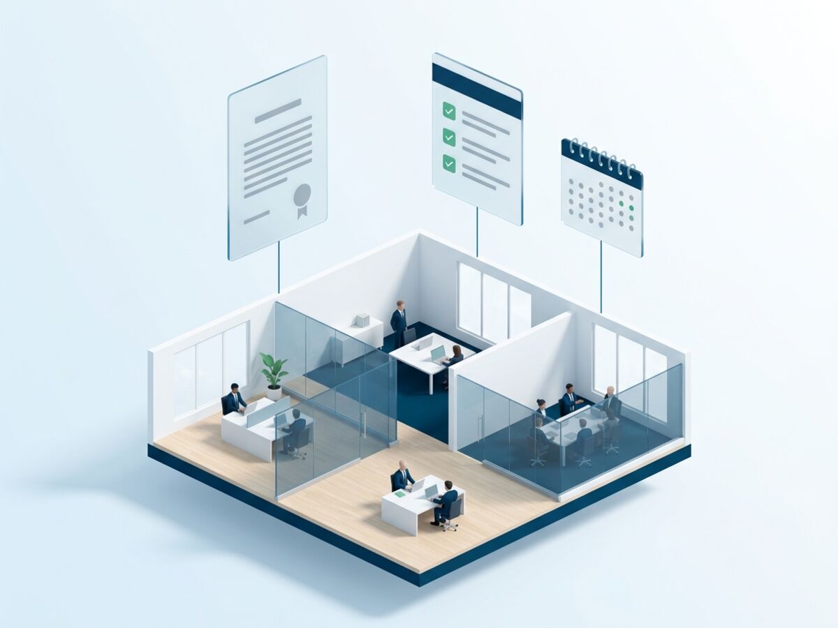 A cutaway office floor with small figures and floating cards for the entity, approvals and filings