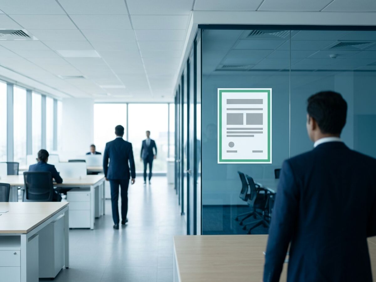 A modern Indian office floor with a framed notice on a glass wall