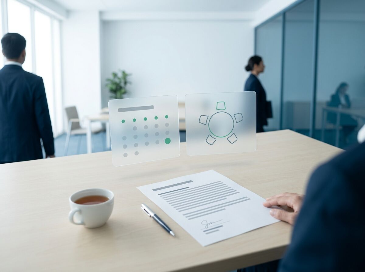 A policy on a desk with floating cards for quarterly dates and a committee seating ring