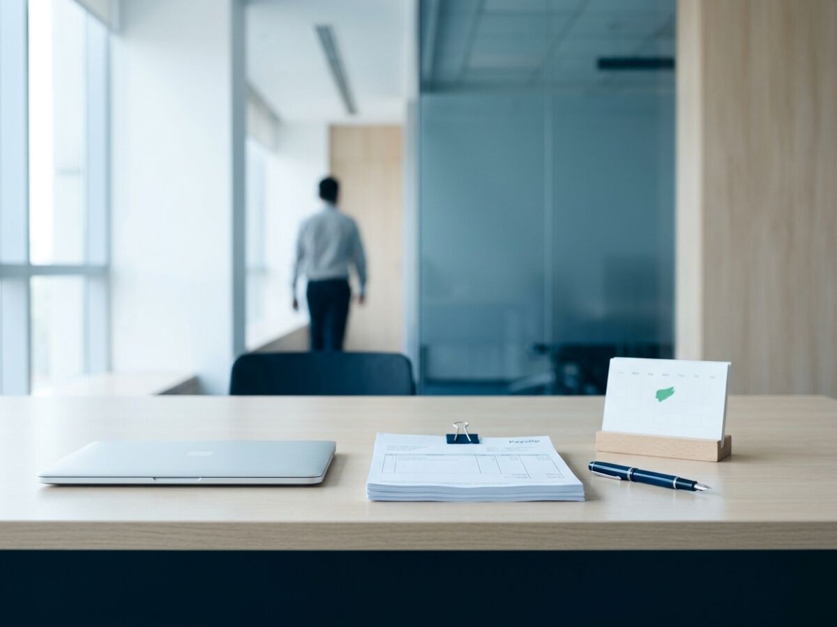 A desk with a laptop, a clipped stack of payslips and a calendar