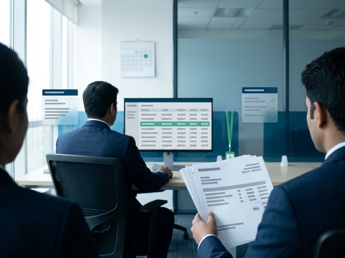 A payroll team checking a printed payslip stack against a monitor at month end
