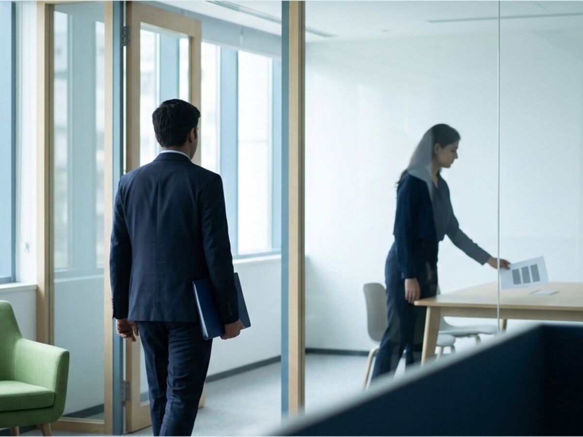 A new joiner walking into a glass meeting room with a folder