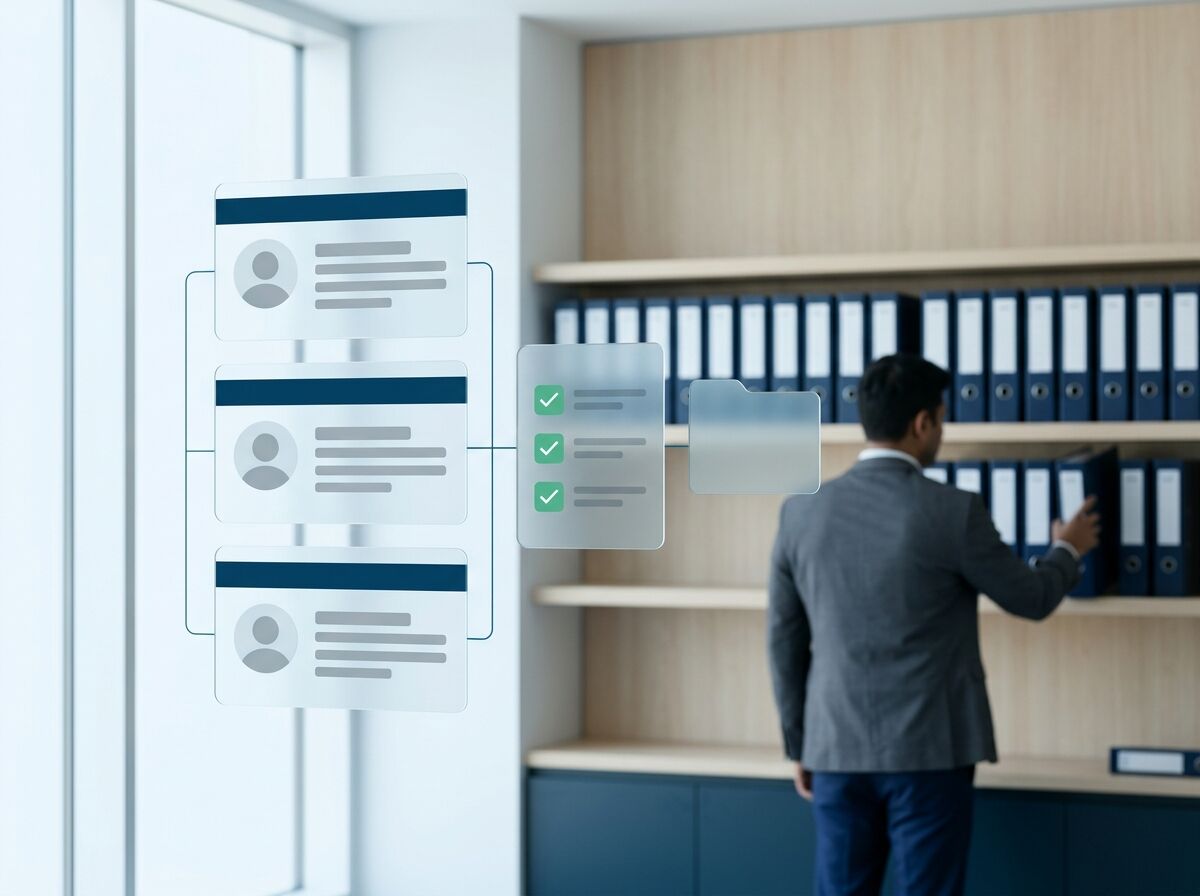 Employee record cards, an onboarding checklist and a folder in front of a shelf of binders