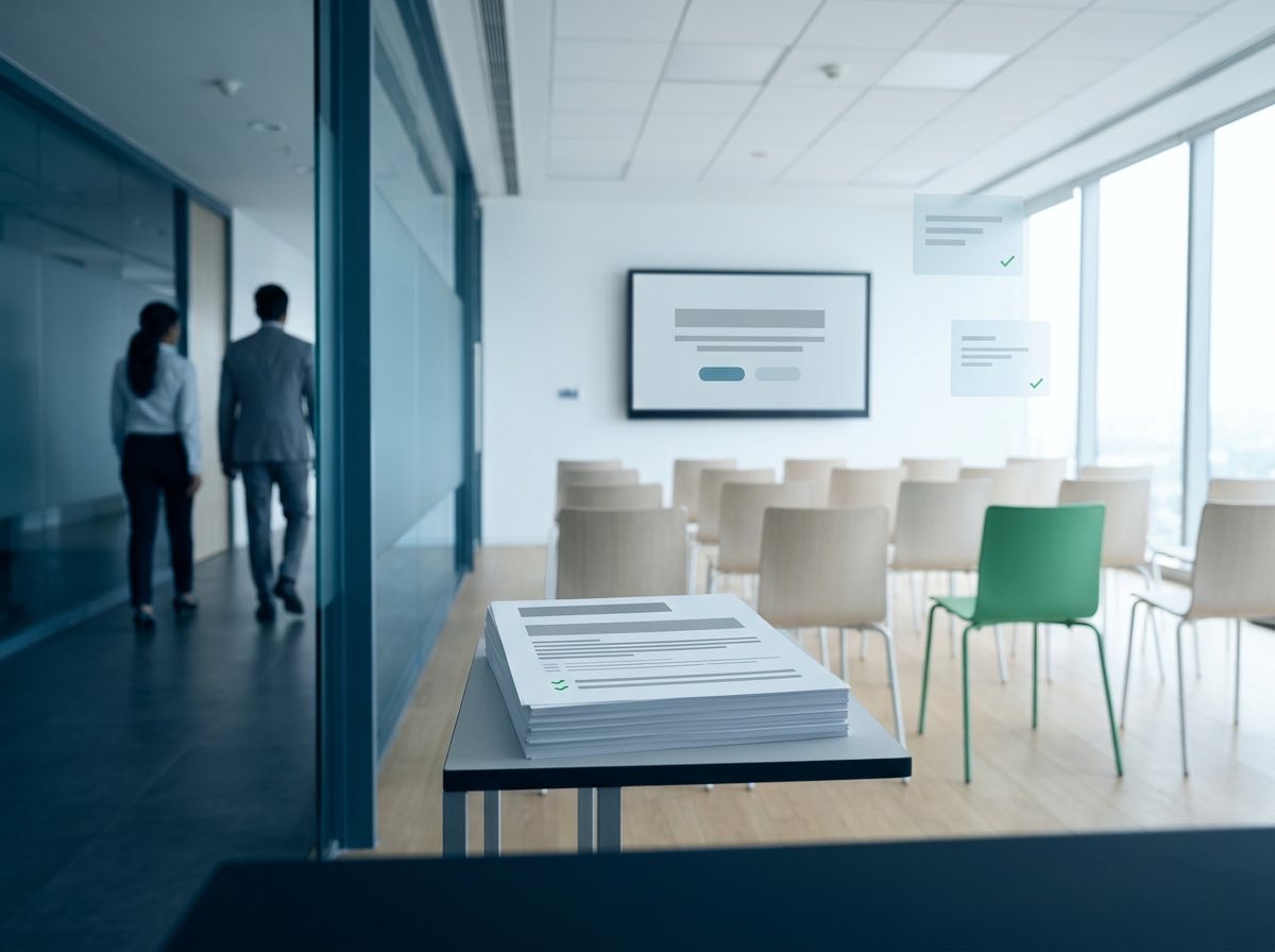 A training room set for a session, with printed attendance sheets by the door