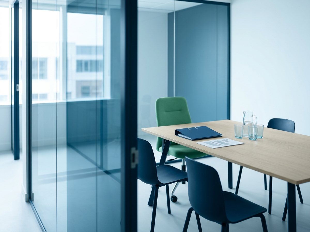 A meeting room set for a committee sitting, with a file at the head of the table