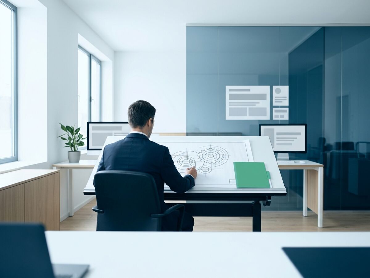 An engineer reviewing a technical drawing for a patent filing