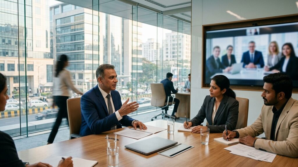 An Indian director chairing a board meeting, the parent company's executives on a video screen