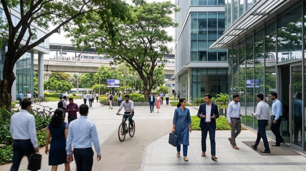People arriving at a technology park in Bengaluru in the morning, glass offices around a tree lined courtyard