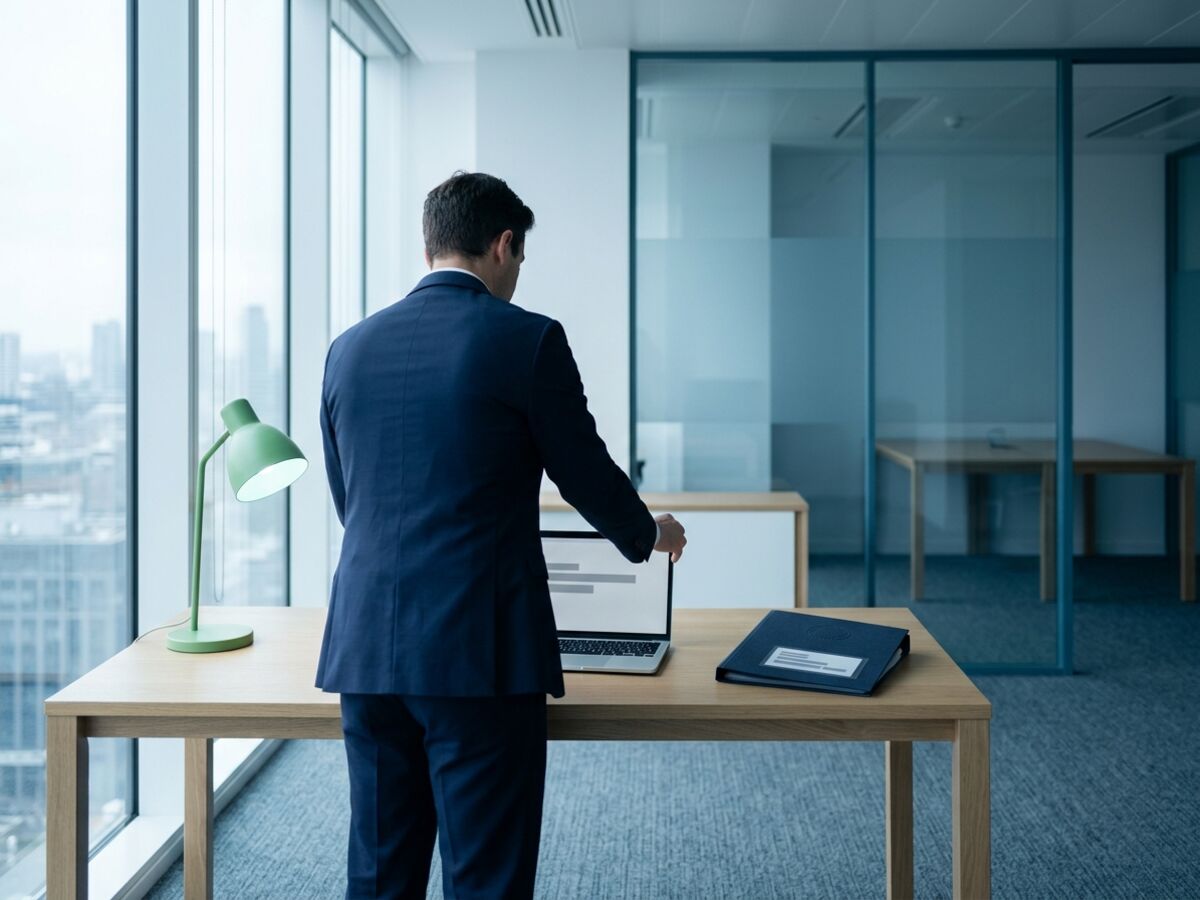 A business owner setting up with a registration folder at a small office desk