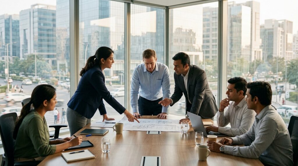 An Indian and international leadership team discussing plans around a boardroom table in Gurugram