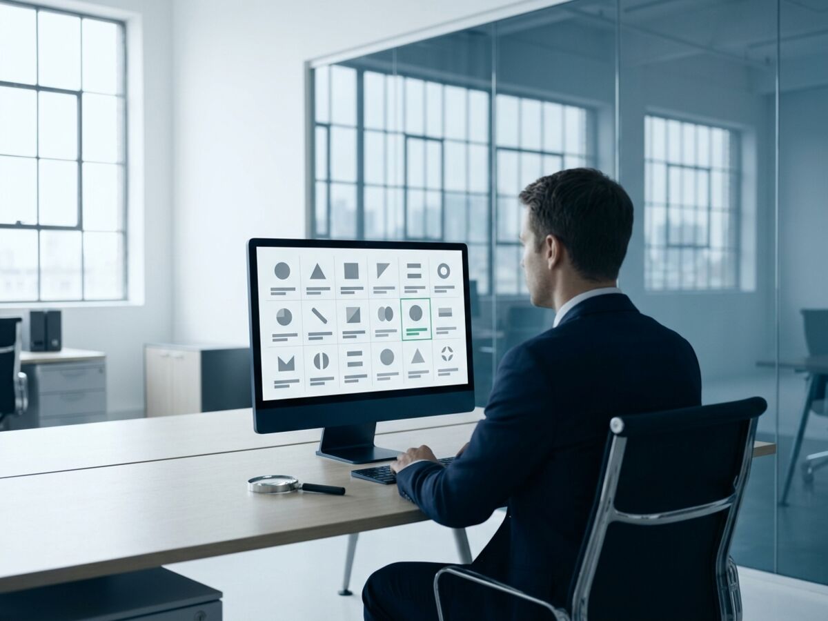 A professional comparing abstract brand marks on a screen for a trademark search
