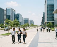 Modern office towers and wide avenues in a new financial district in Gujarat