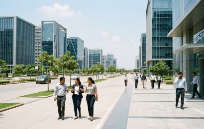 Modern office towers and wide avenues in a new financial district in Gujarat