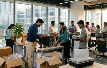 A young team setting up desks and laptops in a brand new office in Hyderabad