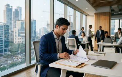 A corporate services professional checking signed documents beside a courier pack in a Mumbai office