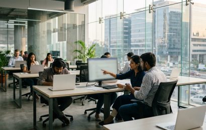 Young software engineers working together in a bright open plan office in Bengaluru