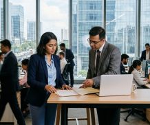 A company secretary and a finance manager going through signed papers on a finance floor in Mumbai
