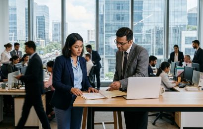 A company secretary and a finance manager going through signed papers on a finance floor in Mumbai