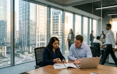 An Indian finance director and a European colleague going through a report in a high rise meeting room