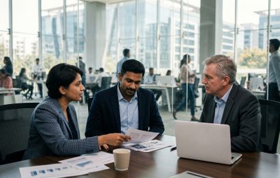 A visiting executive and two Indian advisers going through options in a glass meeting room in Bengaluru