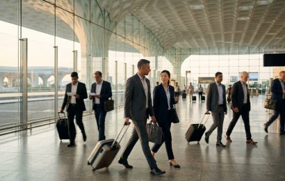 Business travellers walking through the bright arrivals hall of a modern airport terminal in India