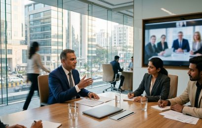 An Indian director chairing a board meeting, the parent company's executives on a video screen