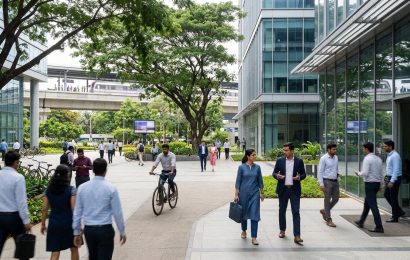 People arriving at a technology park in Bengaluru in the morning, glass offices around a tree lined courtyard