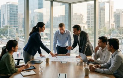 An Indian and international leadership team discussing plans around a boardroom table in Gurugram